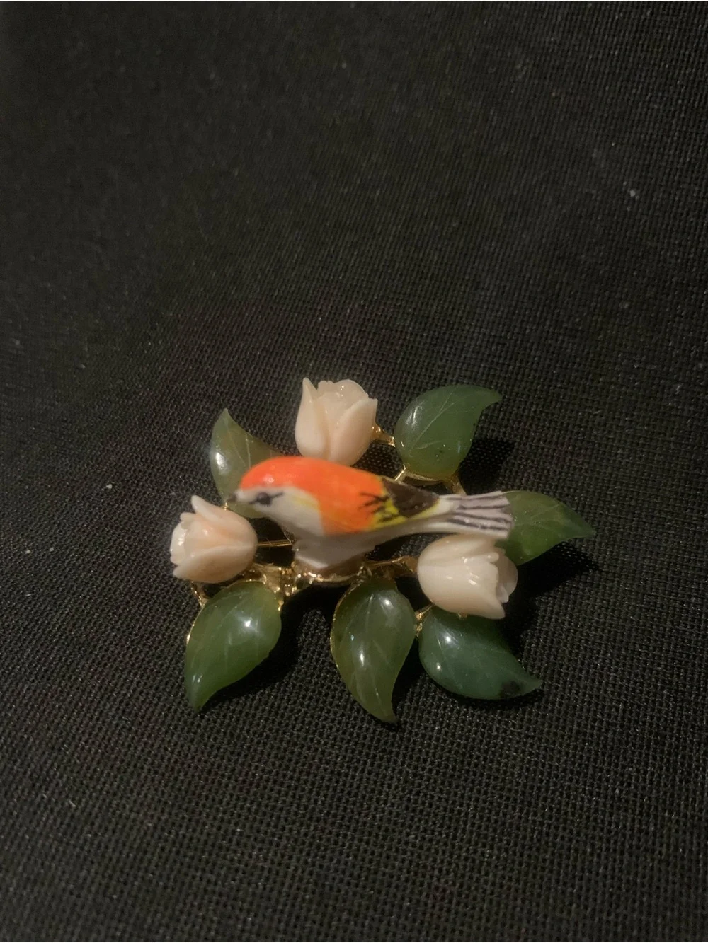 Swoboda Orange Bird Brooch with Green Leaves and Cream Flowers